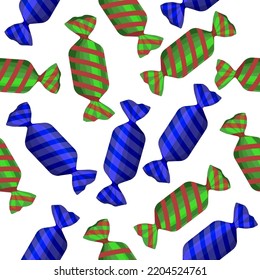 Seamless pattern of bright, chocolate candies wrapped in red-green and blue on a white background.Vector pattern for textiles.wrappers.festive designs.