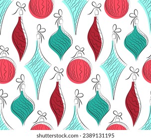 Seamless pattern with bright Christmas decorations, New Year holiday background.