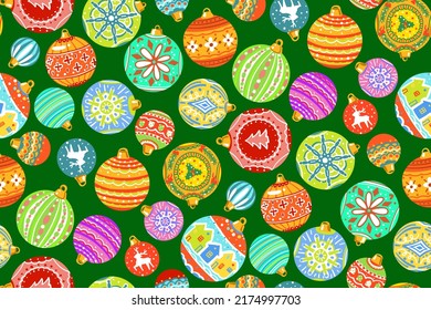 Seamless pattern. Bright Christmas tree toys on a green background. New Year and Christmas, for packaging, postcards, websites, fabrics.