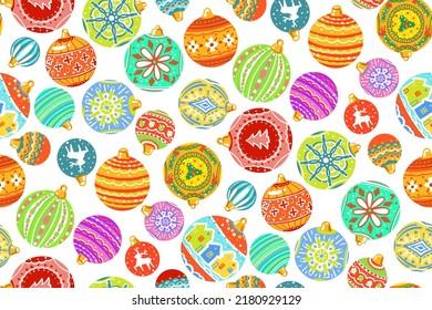 Seamless pattern. Bright Christmas tree toys on a white background. New Year and Christmas, for packaging, postcards, websites, fabrics.