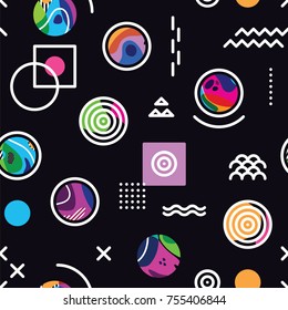 seamless pattern with bright circles and linear black elements against a dark background