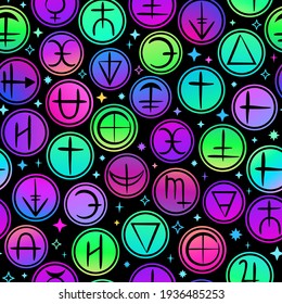 seamless pattern of bright circles with magic symbols