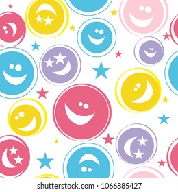 Seamless pattern with bright circles and smiles on a white background.  print for clothes, textiles, wrapping paper, web. 