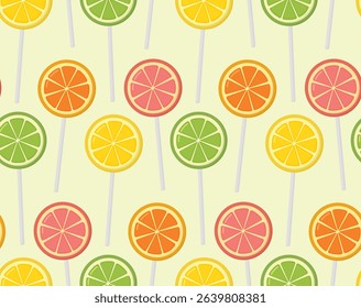 Seamless pattern with bright citrus lollipops. Background of colorful candies in the shape of fruit slices