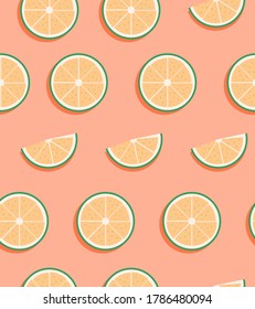 Seamless Pattern with Bright Citrus Slices on a Pink Colored Background. Fresh Lemonade Concept. Modern Abstract Design for Packaging, Print for Clothes, Fabric.