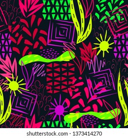 Seamless pattern, bright color, black background, abstract, hand drawing, vector illustration