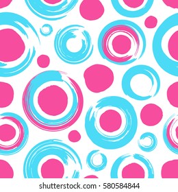 Seamless pattern with bright color circles. Hand drawn. Fashion grunge background. Stylish pattern for textile, packaging, etc. Vector illustration.