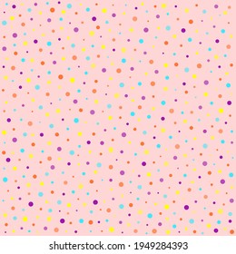 Seamless pattern with bright color dots on pink background, abstract colorful flying in the air confetti