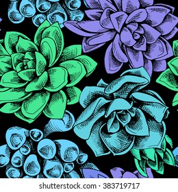 Seamless pattern of a bright color succulent plants on black background. Vector illustration. 
