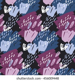 seamless pattern bright color wallpaper on black background. vector illustration for fabric with floral natural motif. pencil drawn paint stroke abstract elements 