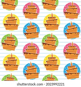 Seamless pattern with bright colored cakes on multi-colored circles with candles. Beautiful cheerful cake for birthday of the kid. Vector illustration for textile decoration, postcards, bakery design