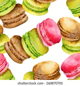 Seamless pattern of bright colored French pastries macaroon. Vector illustration
