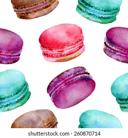 Seamless pattern of bright colored French pastries macaroon. Vector illustration
