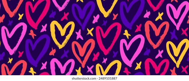 Seamless pattern with bright colored hearts and brush drawn crosses. Romantic banner background for Valentine's day, weddings, invitations, wrapping paper. Hand drawn love elements.