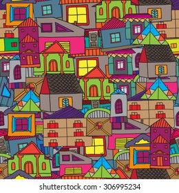 Seamless pattern with bright colored houses