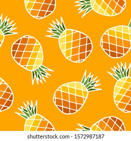 Seamless pattern with bright colored pineapple fruits with leaf on yellow background. Modern design. Print for fabric, wrapping papers, wallpapers, covers, summer clothes. Creative vector illustration