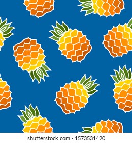 Seamless pattern with  bright colored pineapple fruits with leaf on blue background. Modern design. Print for fabric, wrapping papers, wallpapers, covers, summer clothes. Creative vector illustration