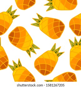 Seamless pattern with  bright colored pineapple fruits with leaf on white background. Modern design. Print for fabric, wrapping papers, wallpapers, covers, summer clothes. Creative vector illustration