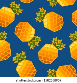 Seamless pattern with  bright colored pineapple fruits with leaf on blue background. Modern design. Print for fabric, wrapping papers, wallpapers, covers, summer clothes. Creative vector illustration