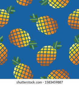 Seamless pattern with  bright colored pineapple fruits with leaf on blue background. Modern design. Print for fabric, wrapping papers, wallpapers, covers, summer clothes. Creative vector illustration