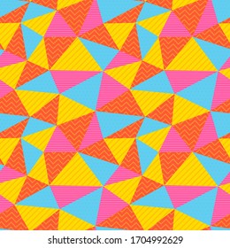 Seamless pattern. Bright colored triangles with different textures. Texture for print, wallpaper, home decor, textile, package design