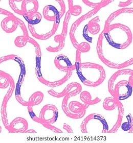 Seamless pattern of bright colorful abstract squiggles print, continuous line, textured scribble spiral and wavy lines. retro 80s. Chaotic ink crayon dry brush texture. Vector illustration
