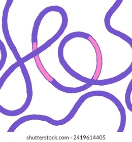 Seamless pattern of bright colorful abstract squiggles print, continuous line, scribble spiral and wavy lines. retro 80s. Chaotic ink brush texture. Vector illustration