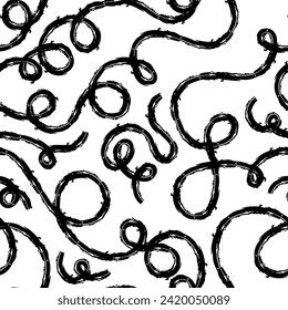Patrón inexorable de coloridas líneas de calamares abstractas brillantes, línea continua, espiral de garabatos texturizados y líneas onduladas. retro 80. Captura de pincel seco caótico de crayón de tinta. Ilustración del vector