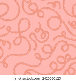 Seamless pattern of bright colorful abstract squiggles print, continuous line, textured scribble spiral and wavy lines. retro 80s. Chaotic ink crayon dry brush texture. Vector illustration