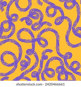 Seamless pattern of bright colorful abstract squiggles print, continuous line, textured scribble spiral and wavy lines. retro 80s. Chaotic ink crayon dry brush texture. Vector illustration