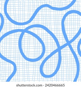 Seamless pattern of bright colorful abstract squiggles print, continuous line, scribble spiral and wavy lines. retro 80s. Chaotic ink brush texture. Vector illustration