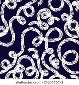 Nahtlose Muster von hellen bunten abstrakten Schnürsenkeln Druck, kontinuierliche Linie, strukturierte Drehspirale und gewölbte Linien. Retro 80er. Kachelfarbenkraut trockene Bürstenstruktur. Vektorgrafik