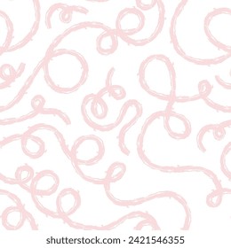 Seamless pattern of bright colorful abstract squiggles print, continuous line, textured scribble spiral and wavy lines. retro 80s. Chaotic ink crayon dry brush texture. Vector illustration