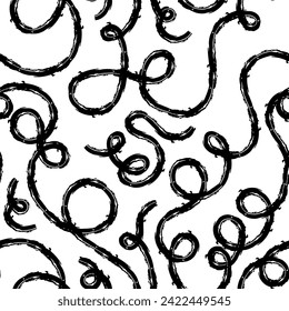 Patrón inexorable de coloridas líneas de calamares abstractas brillantes, línea continua, espiral de garabatos texturizados y líneas onduladas. retro 80. Captura de pincel seco caótico de crayón de tinta. Ilustración del vector