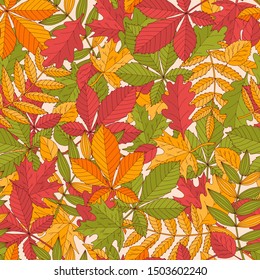 Seamless pattern of bright colorful autumn leaves of different trees
