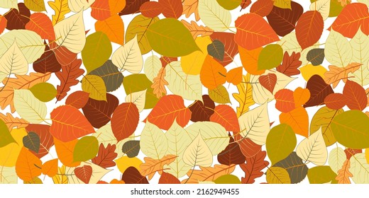 Seamless pattern bright colorful autumn foliage isolated on white background. Graphic design autumn symbol. Red orange yellow dry autumn leaves. Autumn foliage seasonal background. Vector illustration