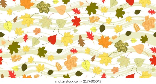 Seamless pattern bright colorful autumn foliage. Graphic design autumn symbol. Red orange yellow dry maple, oak, birch, aspen, mountain ash leaves. Autumn foliage seasonal background. Vector