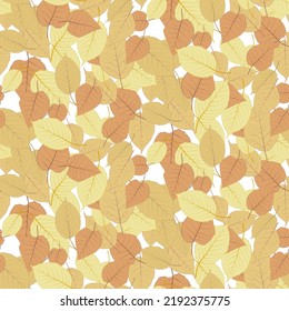 Seamless pattern bright colorful autumn foliage isolated on white background. Graphic design autumn symbol. Orange yellow dry autumn leaves. Autumn foliage seasonal background. Vector illustration