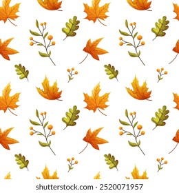 Seamless pattern of bright colorful autumn leaves and berries. Autumn symbols on white background. Vector illustration for textile print, wrapping paper, wallpaper