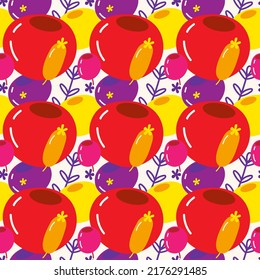 Seamless pattern with bright colorful berries, leaves and flowers. Vector abstract illustration in red and yellow colors for wallpaper design, textile, fabric, texture, wrapping and other graphics
