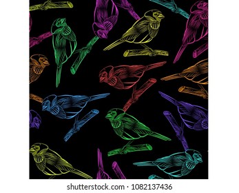Seamless pattern with bright, colorful birds on a black background. Can be used as background, wallpaper, fabric and textile design and other design