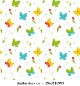 Seamless pattern with bright colorful butterflies and red tulips and daffodils. Bright spring, summer pattern. Simple color flat cartoon vector illustrations isolated on a white background.