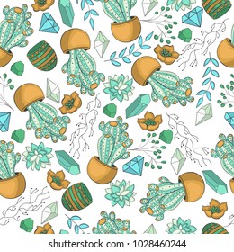 Seamless pattern with bright colorful cacti, succulents, indoor plants in flower pots, branches, leaves, crystals, shrubs, orange, blue, green, lettuce, berries on a white background. Florarium