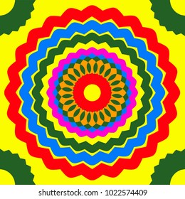 Seamless pattern. Bright colorful circles. Ornament. Abstract drawing. Vector illustration.
Red, blue, yellow, green, purple, indigo.