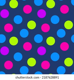Seamless pattern with a bright colorful circles on dark blue background.