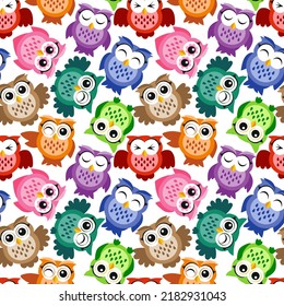 Seamless pattern, bright colorful cute owls on a white background, funny bird face with a winking eye, bright colors. Vector, pattern