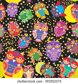 seamless pattern bright colorful cute owls on black background, funny birds face with winking eye, bright colors. Vector