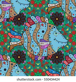 Seamless pattern of bright colorful doodles fishes on blue. Vector.