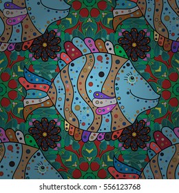Seamless pattern of bright colorful doodles fishes on blue. Vector. Radial gradient shadow.