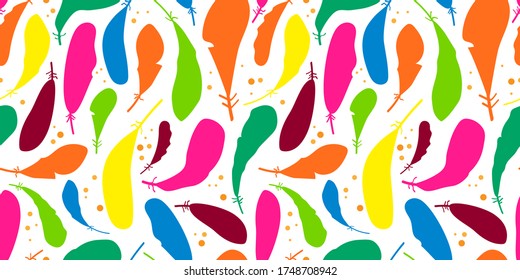 seamless pattern with bright colorful feathers of birds. Modern design for clothes, packaging, paper, cover, fabric